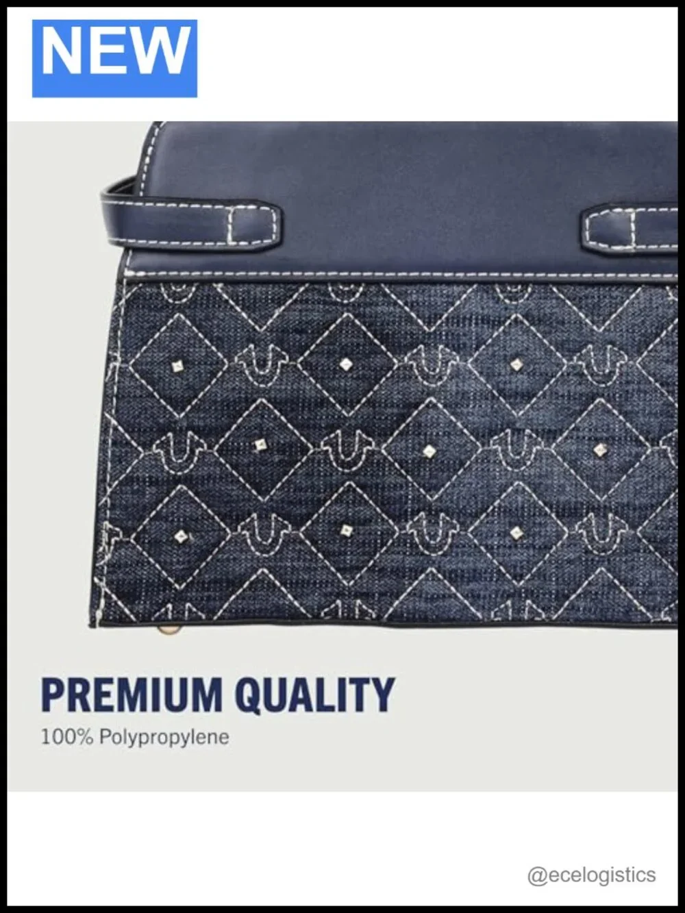 Quilted Denim Tote Bag with Studded Accents and Detachable Strap